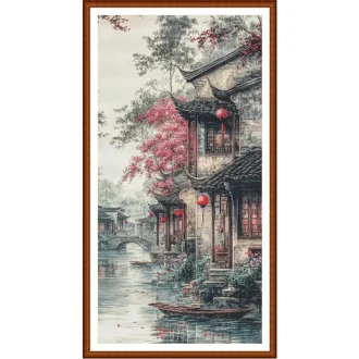 Town 14CT 16CT 18CT Printed On Canvas Cross Stitch DIY Set Kit Home Needlework Embroidery 77 Colors